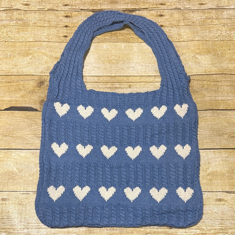 Blue and Cream Heart Patterned Women's Knit Tote Bag